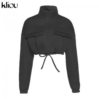Mesh Plaid Autumn Spring Coat Women Trend Turtleneck Zipper Pocket Crop Jacket Solid Slim Drawstring 